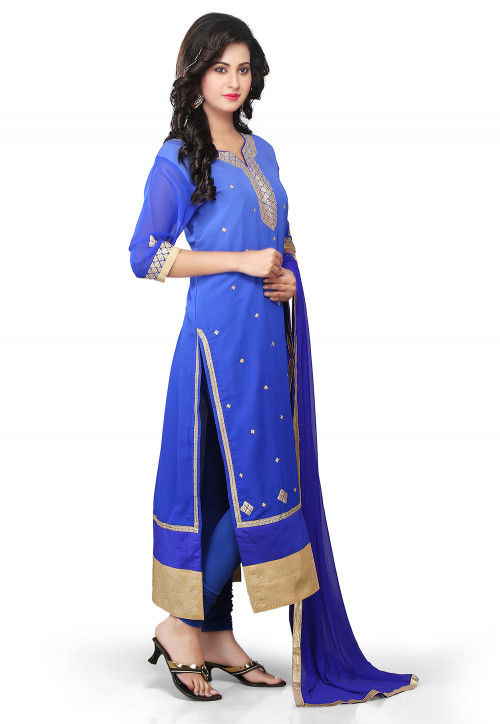 Embroidered Straight Cut Suit in Shaded Blue