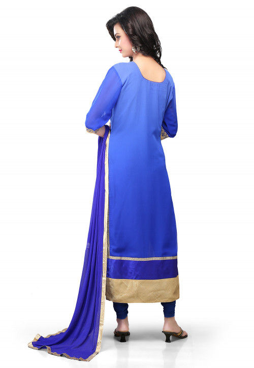 Embroidered Straight Cut Suit in Shaded Blue