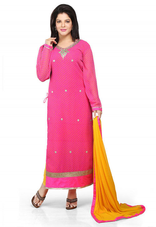 Printed Straight Cut Suit In Pink