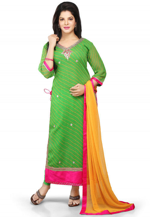 Printed Straight Cut Suit In Green