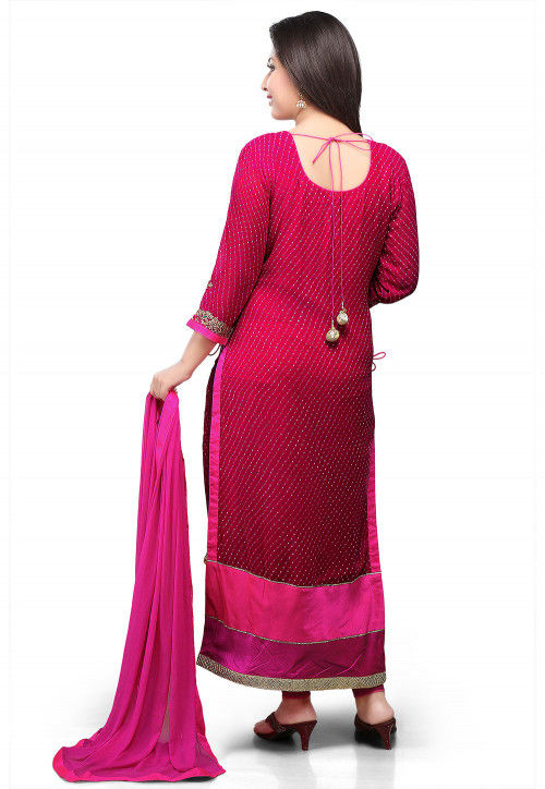 Embroidered Lehariya Georgette Straight Cut Suit in Fuchsia