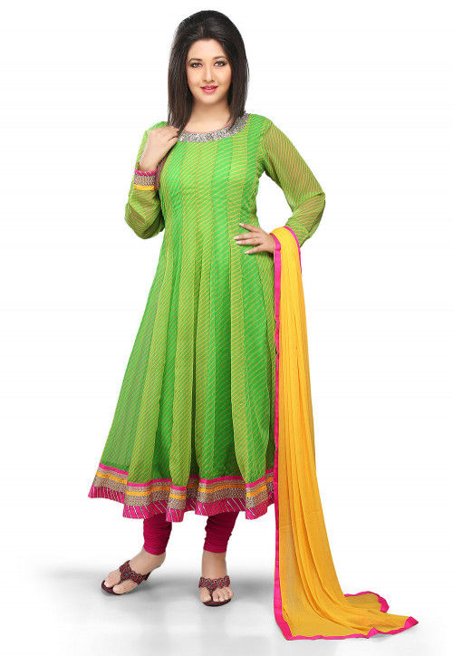 Printed Anarkali Georgette Suit In Yellow And Green