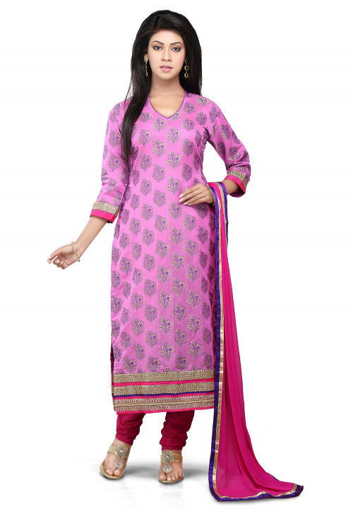 Woven Chanderi Silk Straight Cut Suit in Pink