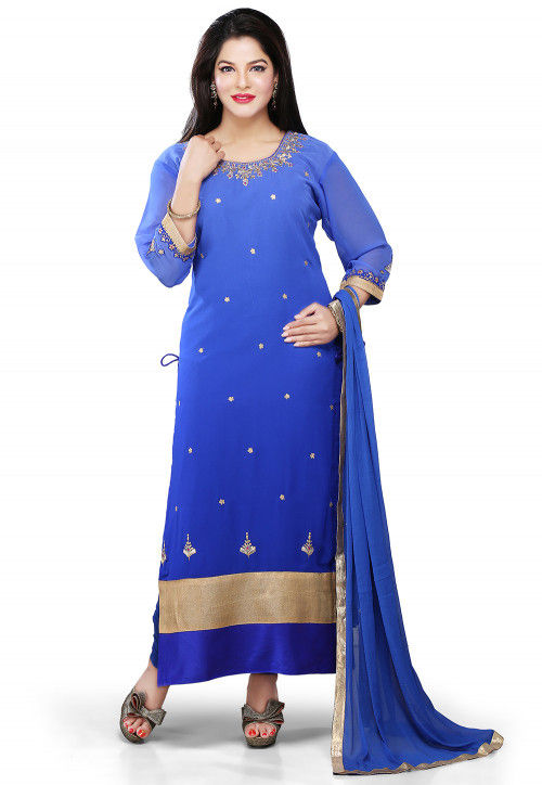 Embroidered Straight Cut Suit in Blue 