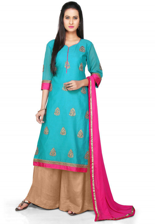 Embroidered Chanderi Cotton Pakistani Suit in Blue