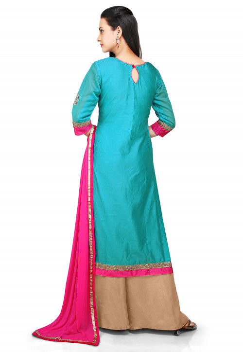 Embroidered Chanderi Cotton Pakistani Suit in Blue