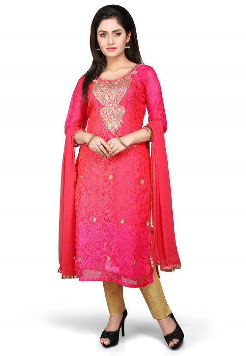Embroidered Pure Kota Silk Straight  Suit in Fuchsia