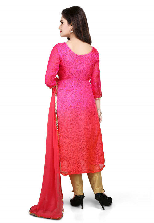 Embroidered Pure Kota Silk Straight  Suit in Fuchsia