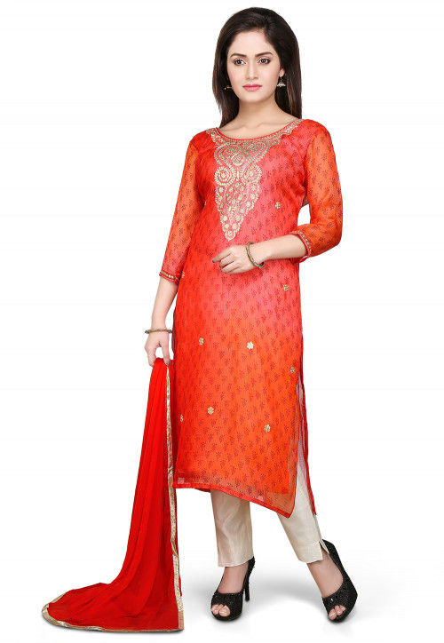 Embroidered Pure Kota Silk Straight Suit in Coral Peach