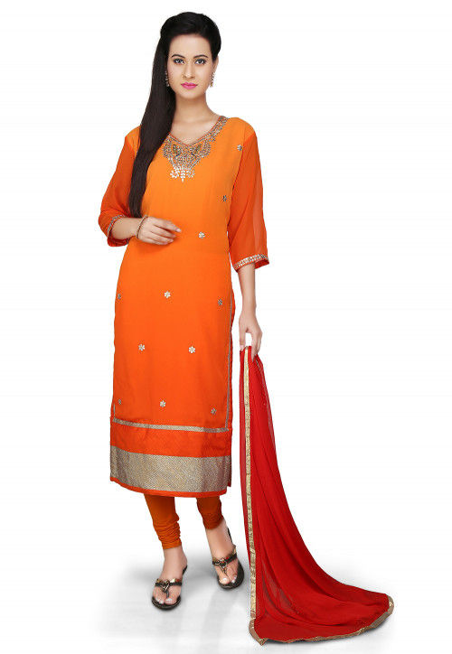 Embroidered Straight Cut Georgette Suit in Orange