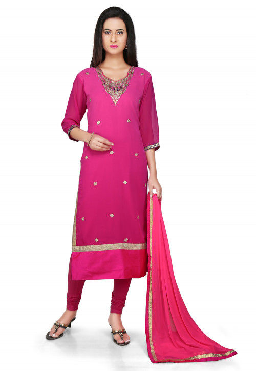 Embroidered Straight Cut Georgette Suit in Fuchsia