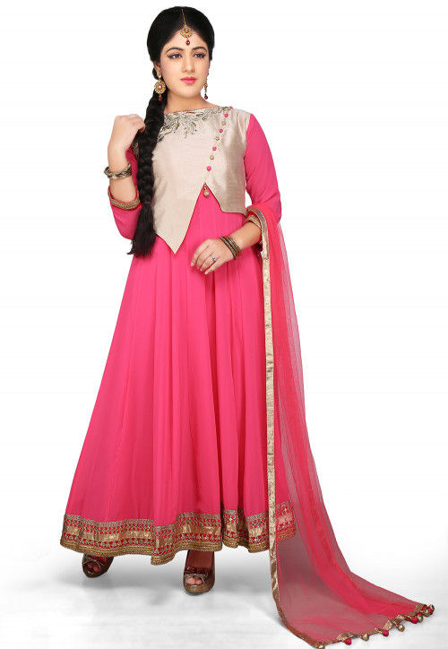Embroidered Jacket Style Abaya Georgette Suit in Pink