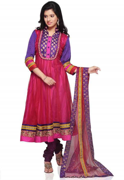 Plain Net Anarkali Suit in Red