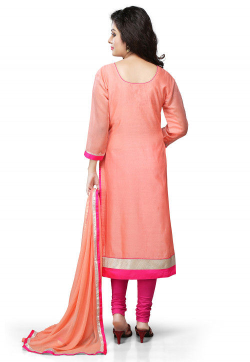 Embroidered Cotton Chanderi Straight Cut Suit in Peach 