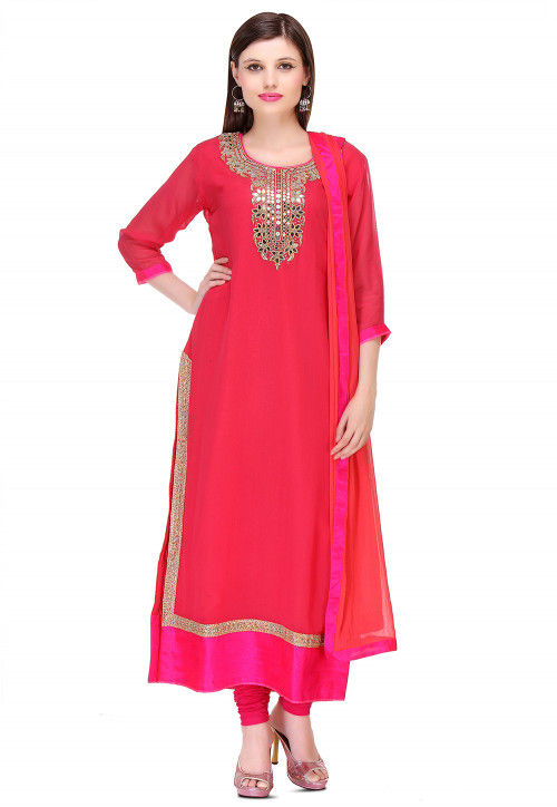 Embroidered Georgette Straight Cut Suit in Fuchsia