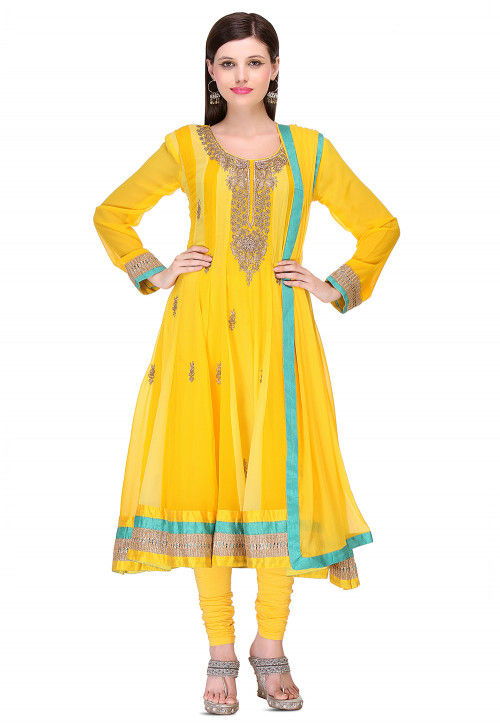 Embroidered Georgette Anarkali Suit in Yellow