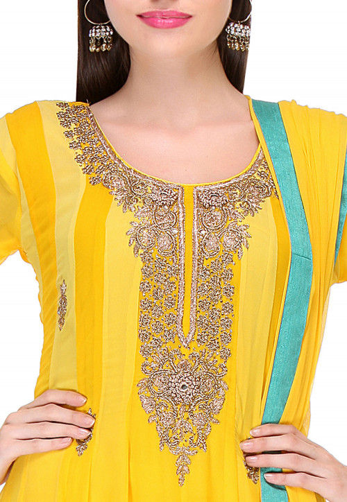 Embroidered Georgette Anarkali Suit in Yellow : KJN1832