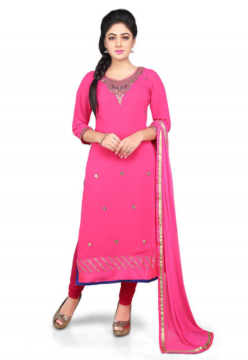Embroidered Georgette Straight Cut Suit in Fuchsia