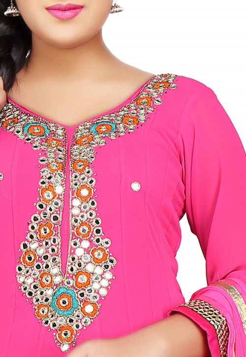 Embroidered Georgette Abaya Style Suit in Fuchsia