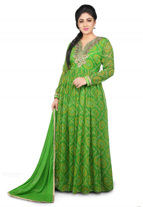 Gota Patti Embroidered Georgette Abaya Style Suit in Green