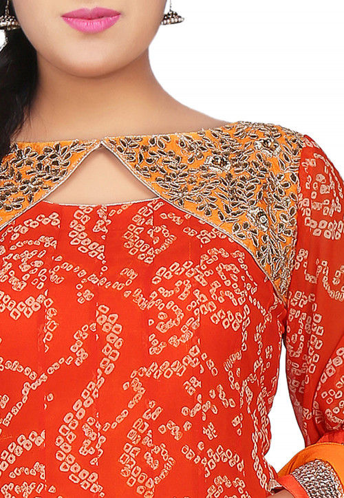 Printed Georgette Asymmetric Anarkali Suit in Orange