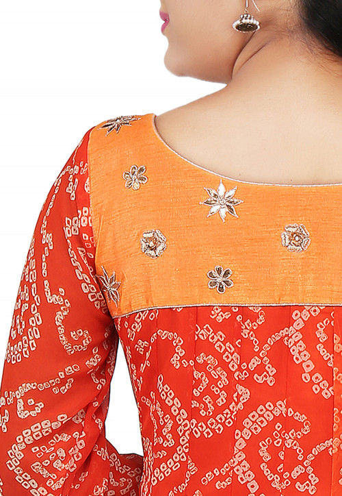 Printed Georgette Asymmetric Anarkali Suit in Orange