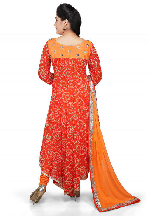 Printed Georgette Asymmetric Anarkali Suit in Orange