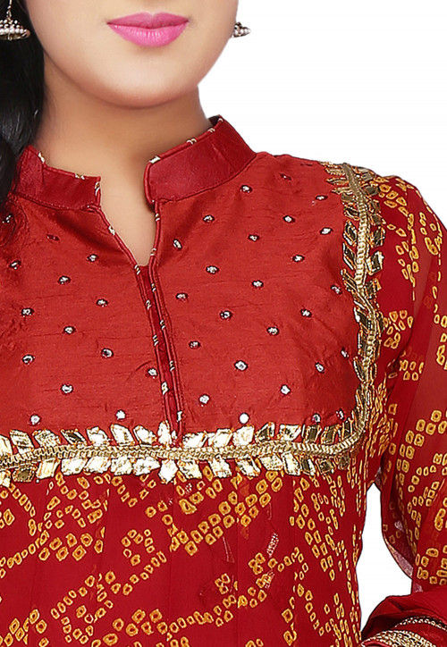 Printed Georgette Abaya Style Suit in Red