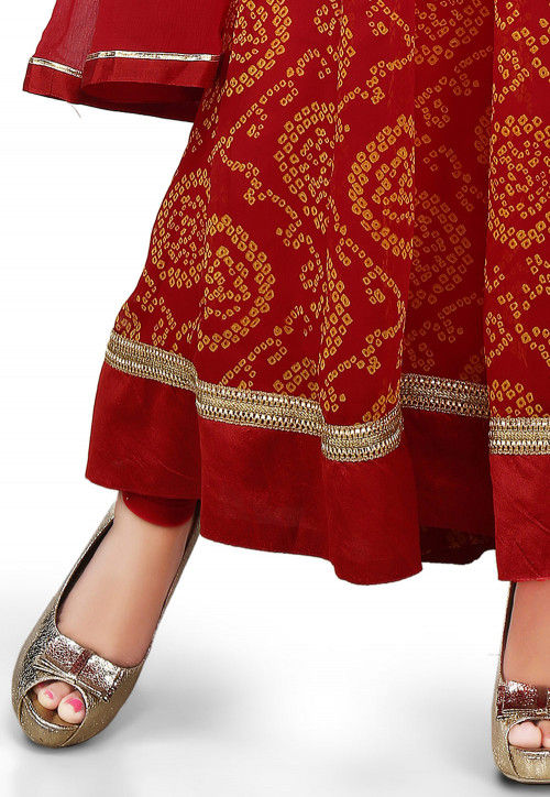 Printed Georgette Abaya Style Suit in Red