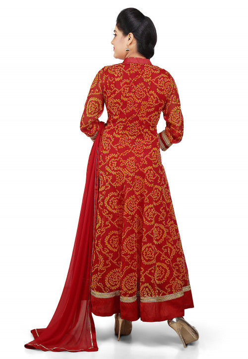 Printed Georgette Abaya Style Suit in Red