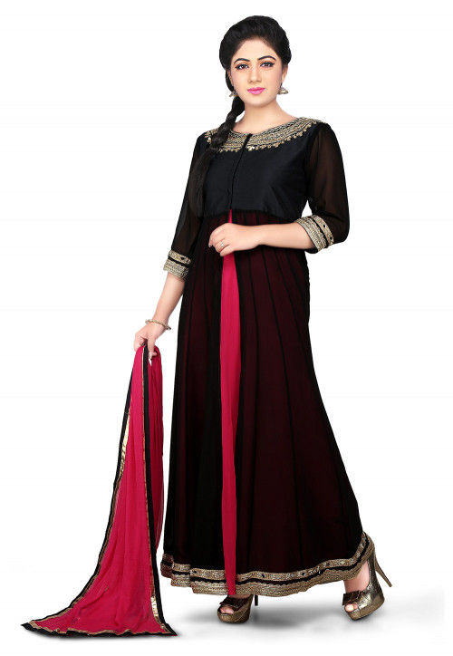 Embroidered Georgette Jacket Style Abaya Style Suit in Black 