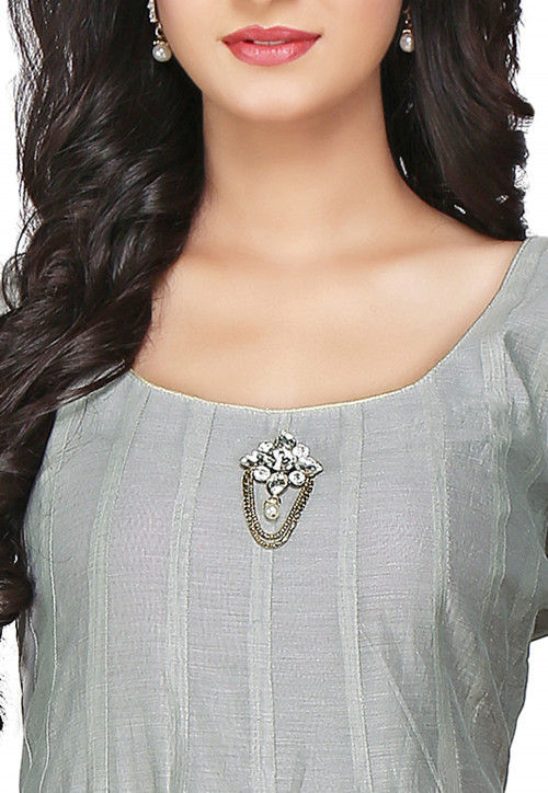 Plain Chanderi Silk Anarkali Suit in Grey