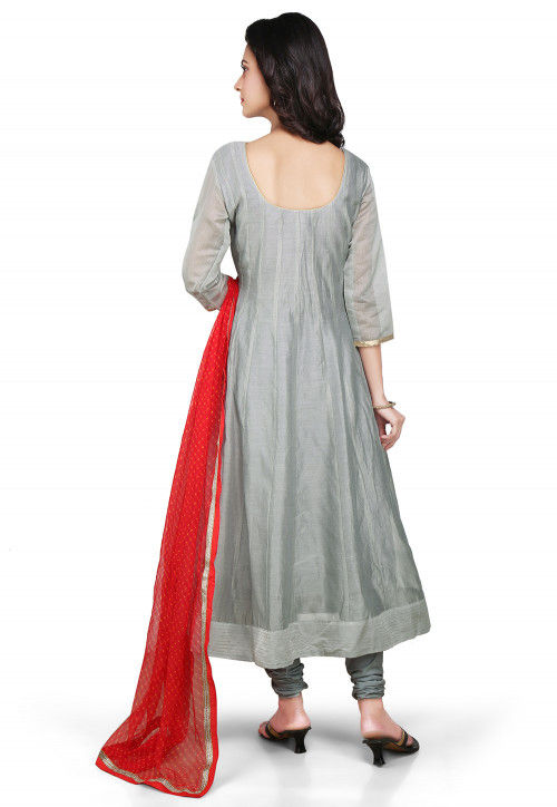 Plain Chanderi Silk Anarkali Suit in Grey