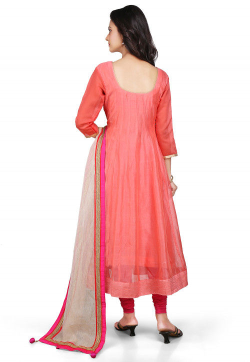 Plain Chanderi Silk Anarkali Suit in Peach