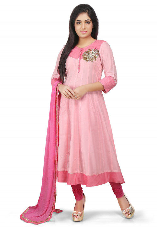 Plain Cotton Silk Anarkali Suit in Pink