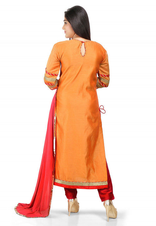 Embroidered Cotton Chanderi Pakistani Suit in Orange