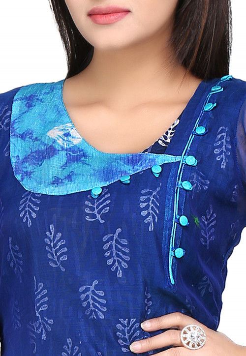 Block Printed Double Layered Abaya Cotton Chanderi Suit in Blue : KJN2031