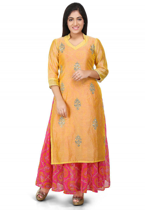 Embroidered Cotton Chanderi Abaya Suit in Yellow and Fuchsia