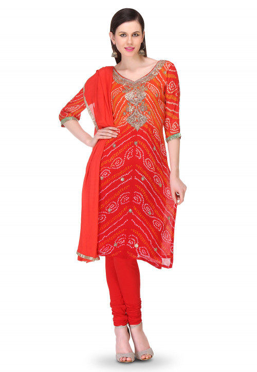 Embroidered Bandhej Pure Chinon Crepe Straight Cut Suit in Red