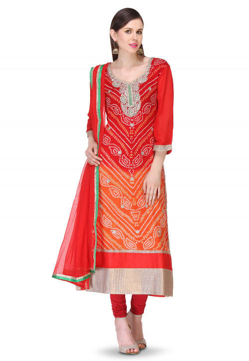Pure Chinon Crepe Bandhej Straight Suit in Ombre Red and Orange