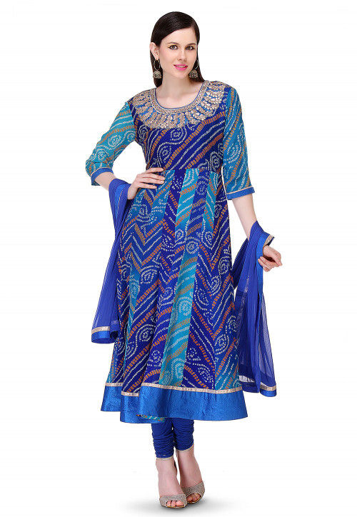 Bandhej Printed Pure Chinon Crepe Anarkali Suit in Blue