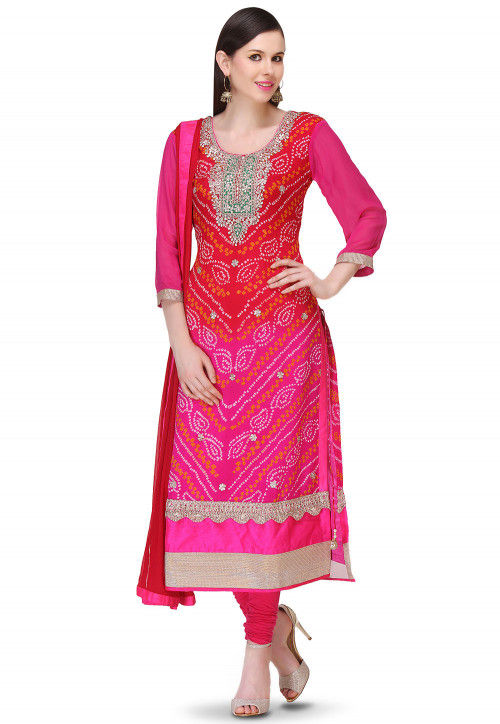 Bandhej Pure Chinon Crepe Straight Cut Suit in Red and Fuchsia