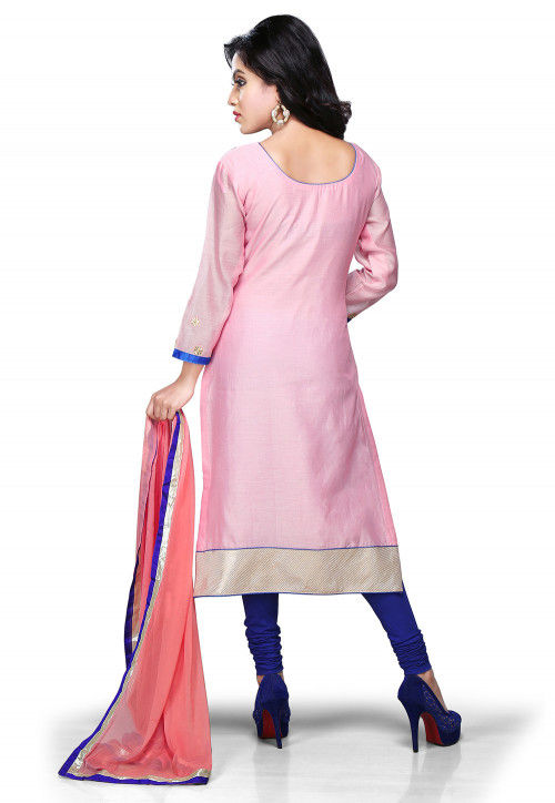 Embroidered Cotton Chanderi Straight Cut Suit in Baby Pink