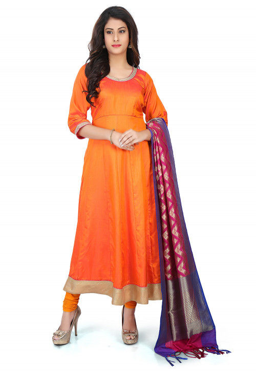 Banarasi Silk Anarkali Suit  in Orange
