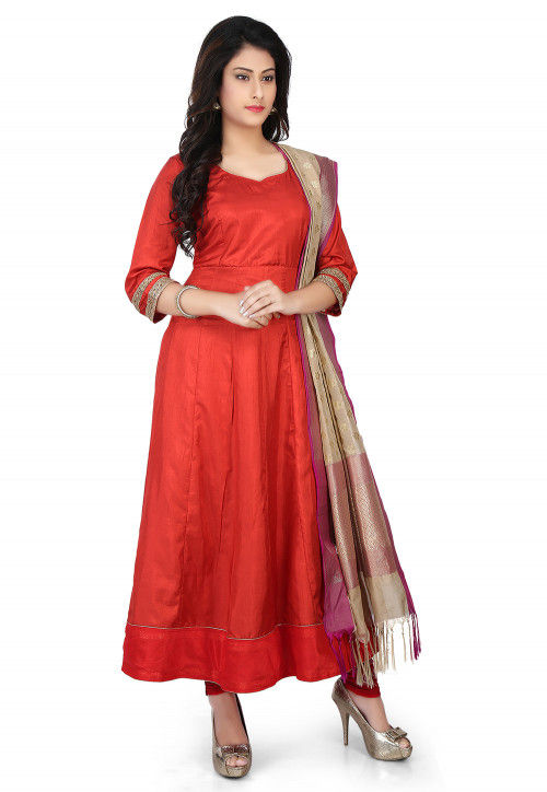 Banarasi Silk Anarkali Suit in Red