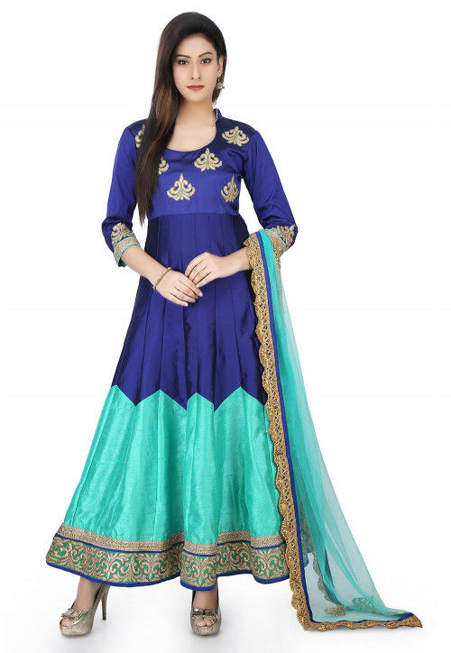 Embroidered Art Silk Abaya Style Suit in Royal Blue 
