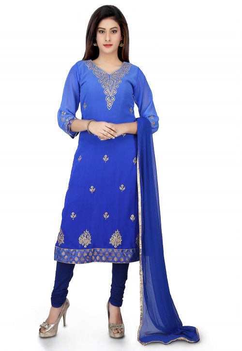 Embroidered Georgette Straight Suit in Blue Ombre