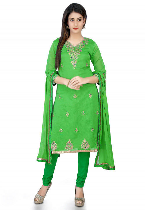 Embroidered Chanderi Cotton Straight Suit in Light Green