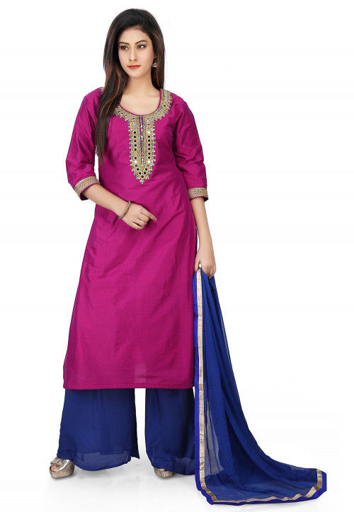 Embroidered Cotton Silk Pakistani Suit in Magenta