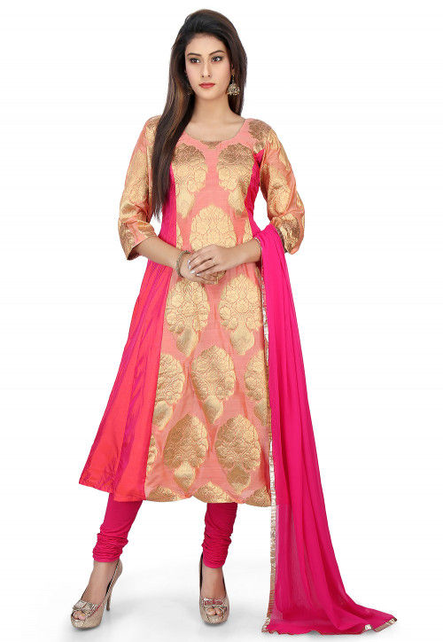 Woven Banarsi Silk Pakistani Suit in Pink